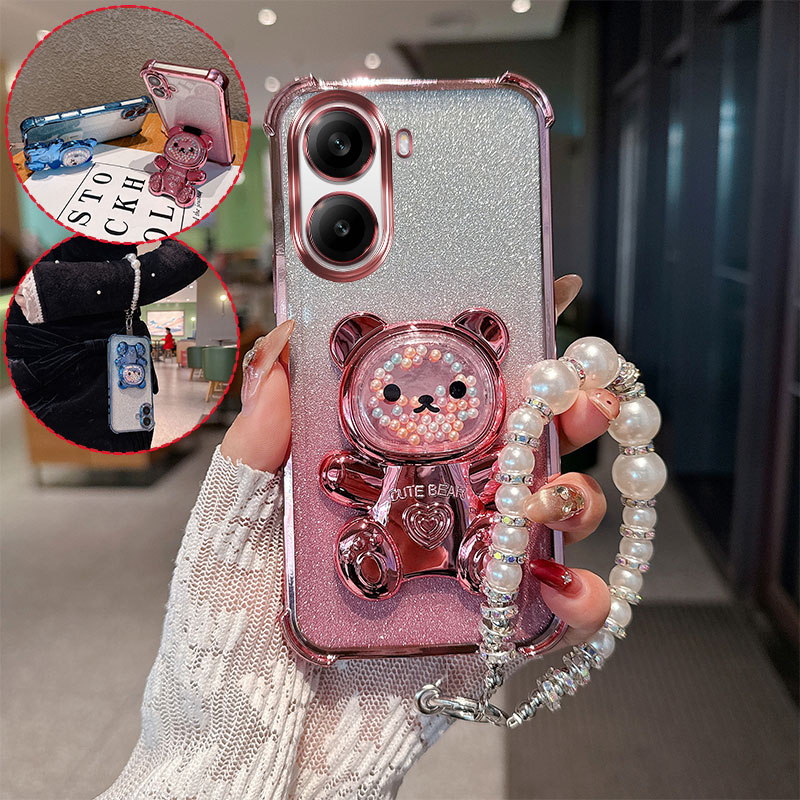 Phone Cases Oppo - Cute Bear Cartoon Holder Pearl Lanyard