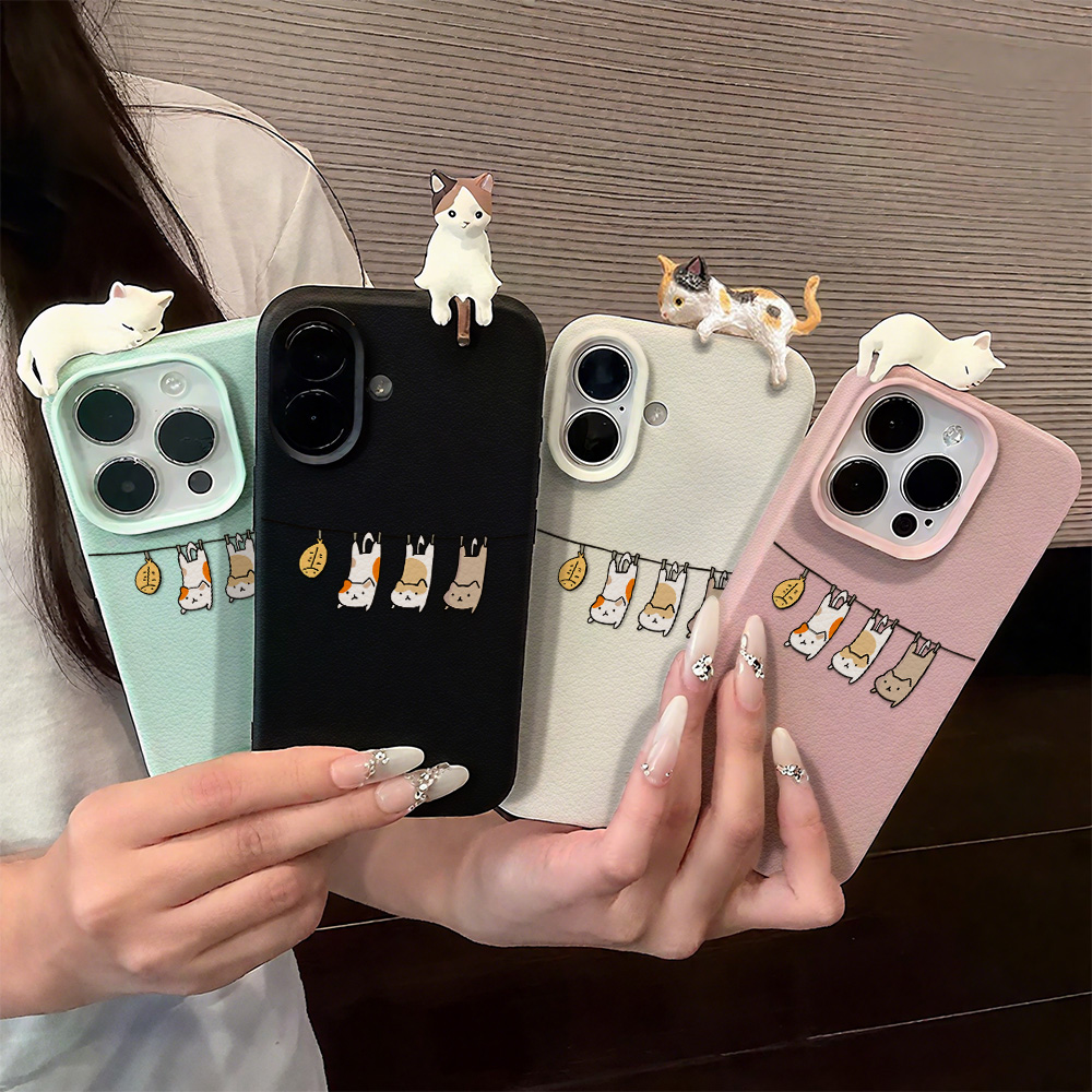 Phone Cases Cute Iphone 14 - 3D Cute Cartoon Cat Leather Case
